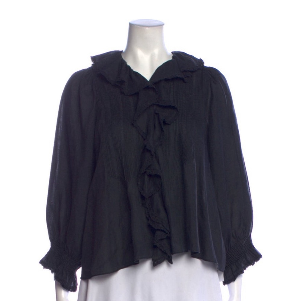 Doen Black Ramie Blouse pleated with lace & ruffle accents very good condition
